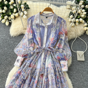 Vestido Elegante Estilo Francés con Estampado Floral, Vestido Largo de Manga Larga con Cintura Ajustable con Cordones, Estilo Coreano para Mujer, para Primavera - Product Image 2