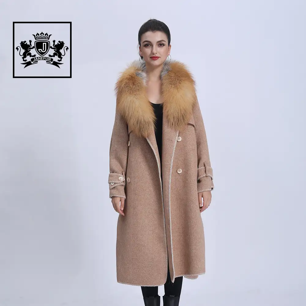 Casaco de inverno feminino pus, jaqueta longa de caxemira com gola de pele real de raposa e cordeiro