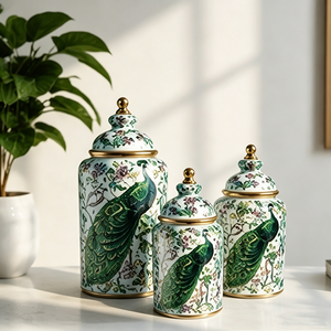 Ensemble de boîtes de rangement vintage en porcelaine brillante motif paon et fleurs, avec bouton doré, pour décoration intérieure - Product Image 6