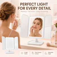 Miroir de maquillage LED rechargeable à trois volets, grossissement 1X 2X 3X, commande tactile, 3 couleurs réglables, miroir de vanité portable de bureau