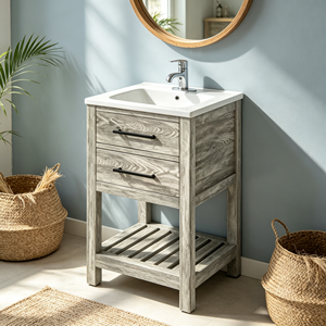 Farmhouse Style Solid Wood Floor Standing <b>Bathroom</b> Vanity <b>Cabinet</b> Vanity Mirror 2 Drawers Slatted Shelf <b>Light</b> Finish Ceramic - Product Image 4