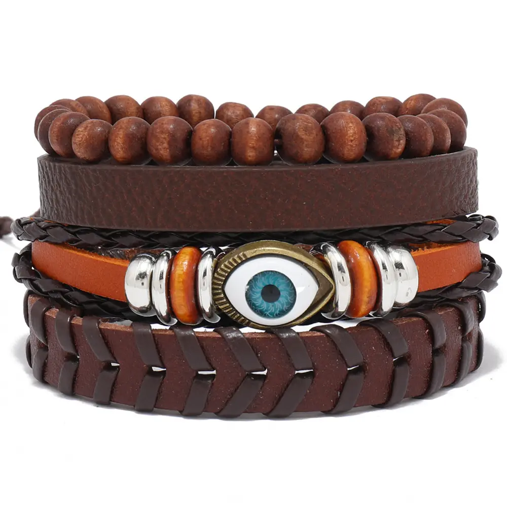 TZ673 4pcs Brown Evil Eye Leather Bracelets Set Adjustable Braided Wooden Beads Wrap Cuff Cord for Women & Men for Party & Gift