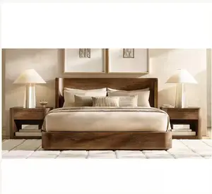 Italian Luxury Bed Teak Wooden Beds Queen King Size Bed Frame Modern Villa Wood Home Hotel Bedroom Furniture Set Rooms