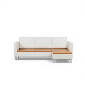 Divano Componibile in Ecopelle Bianca con Doghe in Legno e Gambe Cromate, Forma a L, Moderno, Tre Posti per Soggiorno - Product Image 1