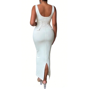 Women's Corset Waist Dress Sleeveless Square Neck Bodycon Split Hem Formal Dresses With a <b>Tie</b>-<b>back</b> Waistband Fashion - Product Image 4