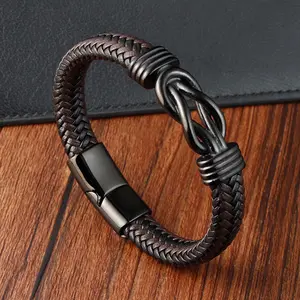 Bracelet en corde tressée multicouche intelligente faite à la main à la mode en acier inoxydable avec fermoir magnétique Bracelet en cuir pour hommes Vente en gros