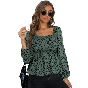 Elegance Leopard Square Neck Designs Women Ladies Chiffon Tops and Blouses Long Sleeve
