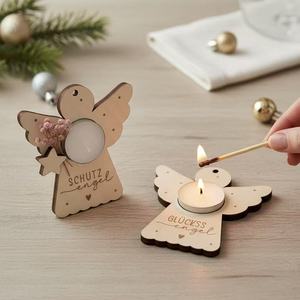 Chandelier en bois personnalisé, gravé au laser, porte-bougie de Noël, décoration de table, ornement ange gardien - Product Image 1