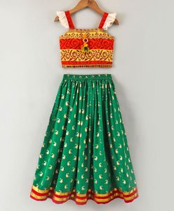 Twisha – Ensemble élégant pour filles, haut à manches volantées imprimé et ghagra imprimé, orange et vert (6 mois à 14 ans) - Product Image 1