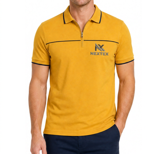Polo à manches courtes jaune moutarde pour homme, couleur unie, design décontracté avec fermeture éclair, tissu en coton, coupe classique, logo brodé - Product Image 1