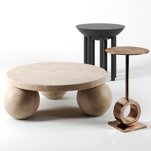 Set di <span class=keywords><strong>3</strong></span> Sfere in Pietra di Alta Qualità, Piano Tavolo in Marmo Travertino Beige, Piedistallo Rotondo a Sfera, Tavolino da Caffè in Marmo - Product Image 1