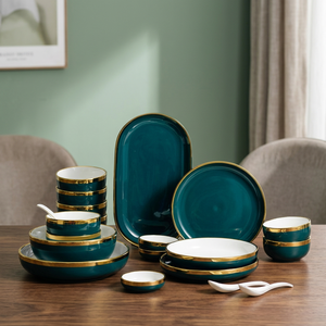 Juego de Platos de Porcelana Nórdica, Moderno, de Lujo, Sostenible, Pintado a Mano con Incrustaciones Doradas, Elegante, con Acabado Liso, Apto para Horno y Resistente a Fugas - Product Image 3