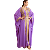 Robe Abaya pour femmes de couleur violette, ensemble deux pièces, robe élégante de style ethnique pour femmes, robe à paillettes, applique brodée, manches longues