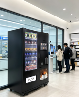 Distributeur automatique 2-en-1 sur pied pour snacks, boissons et café, avec écran tactile et service en libre-service