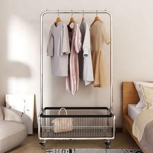 Mobile Clothes <b>Rack</b> Rectangle Standing Type With Basket <b>Drying</b> <b>Rack</b> For Bedroom Household Use - Product Image 3