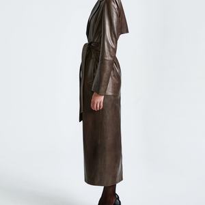 Abrigo de cuero largo de otoño con cinturón, bolsillos grandes, cintura ajustable, estilo moderno, chaqueta cortavientos de un solo botón - Product Image 4