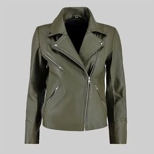 Chaqueta de Motociclista de Cuero Verde para Mujer, Chaqueta de Motociclista Asimétrica de Doble Capa en Cuero PU/Cuero Genuino de Primera Calidad - Product Image 4