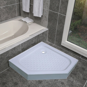 MATCH WELL Plateau <span class=keywords><strong>de</strong></span> douche <span class=keywords><strong>en</strong></span> acrylique design moderne, écologique, avec drain central et installation <span class=keywords><strong>en</strong></span> coin pour salle <span class=keywords><strong>de</strong></span> bain - Product Image 4