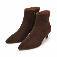 Bottines en daim marron foncé pour femmes, bout pointu, fermeture éclair intérieure, talon chaton 4 cm, fournisseur de mode OEM sous marque privée