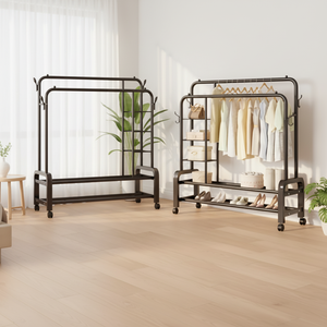 Appendiabiti Moderno Autoportante con Ruote, Struttura in Acciaio Inossidabile, Portatile e Mobile per Uso Alberghiero, con Ripiani per Piccoli Oggetti - Product Image 2