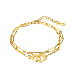 Custom Wholesale Woman 18K Gold Plated Stainless Steel Korean Jewelry Personalized Double Layer Handcuffs Design Bracelet
