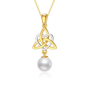 YFN Fashion 14k Solid Yellow Gold Irish Celtic Knot Pendant Mom Heart Necklace With Pearl