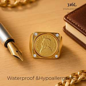 Anillo de sello con diseño de moneda <span class=keywords><strong>Kruger</strong></span> de Sudáfrica, chapado en oro de 18K, de acero inoxidable, cuadrado, de banda ancha y pesada, joyería vintage con moneda para hombre - Product Image 1