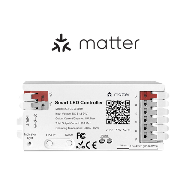 Matter Smart RGBCCT Strip Controller Matter Protocol Support 5~24V DC Input Output 15A RGB + CCT LED Home & Hotel Use