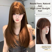 Perruque longue et droite pour femme, couleur brun châtain, tête entière avec frange soignée, fabriquée en fibre résistante à la chaleur.