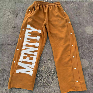 Custom 100% Cotton <b>Sticker</b> Embroidery Pants Leg Side Adjustable Button Raw Hem Drawstring Baggy Sweatpants - Product Image 5