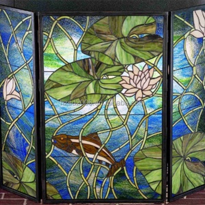 Écran de cheminée Tiffany en verre artistique décoratif, style campagnard européen, motif lotus et poissons, soudé à la feuille d'étain, 40''*28'' - Product Image 5
