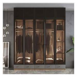 Armoire moderne en bois massif avec panneaux de verre encadrés d'aluminium noir et décoration de barre lumineuse - Product Image 6