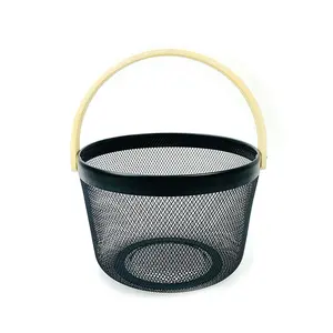 Metal wire fruit vegetable storage basket kitchen bamboo handle basket