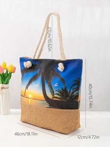 Bolsa de Compras de Lona de Moda de Verano, Bolsa de Playa de Algodón con Estampado de Palmeras de Coco, Gran Capacidad, para Mujer - Product Image 4