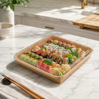 Plateau à sushi carré en papier kraft jetable écologique EP-20 avec couvercle en PET anti-buée sans BPA pour restaurant, plats à emporter, pique-nique, en vrac