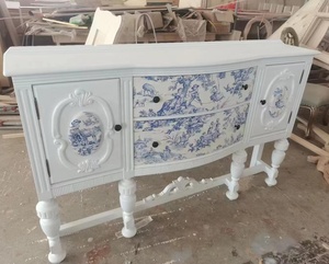 Buffet <span class=keywords><strong>en</strong></span> <span class=keywords><strong>bois</strong></span> massif peint à la main bleu et blanc style campagne française, <span class=keywords><strong>console</strong></span> sculptée rétro, meuble de rangement pour salon - Product Image 2