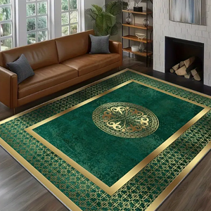 Boho vintage antiderapant lavable à la machine avec un design de bordure florale, embellie de vert et d or - Product Image 1