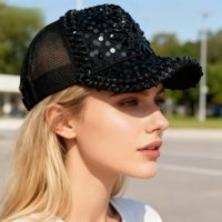 Casquette de baseball noire en gros avec sequins et strass, style punk, pour fêtes
