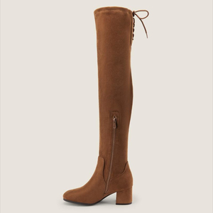 Botas altas hasta el muslo de alta calidad para mujer, botas gruesas de tacón alto por encima de <span class=keywords><strong>la</strong></span> rodilla, botas elásticas con punta redonda y cordones con cremallera lateral hasta <span class=keywords><strong>la</strong></span> rodilla - Product Image 4