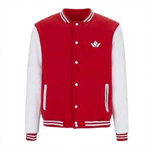 SPARKWELL INDUSTRY <b>Red</b> Men's Varsity <b>Jacket</b> Cotton Blend Button Front Casual Autumn Outerwear Regular Fit Solid Color Stand - Product Image 1