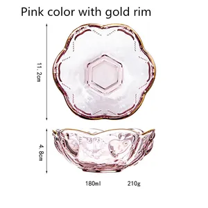 도매 개별 레드/핑크/클리어 체리 무늬 디너 유리 세트 꽃 그릇 골드 림