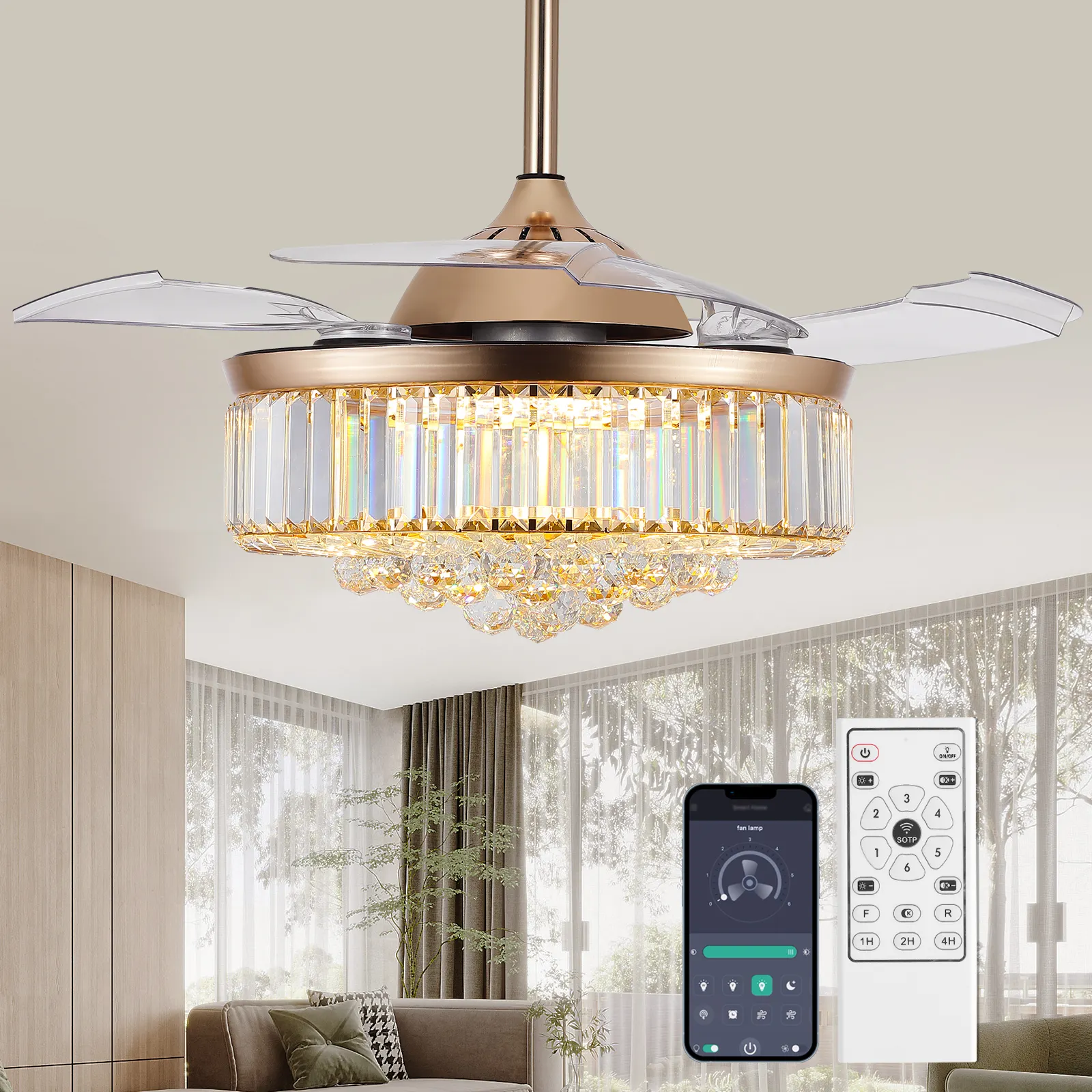 Home Hotel Golden LED Chandelier Remote Control Fancy Modern Luxury Crystal 4 Retractable Blades Ceiling Fan with Light
