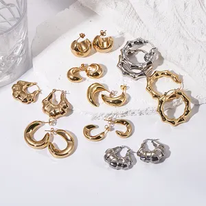 Hypoallergenic anting-anting tebal ringan 14k nyata berlapis emas diisi perhiasan Aretes Big Hoop Twisted Stud Chunky Earring untuk wanita