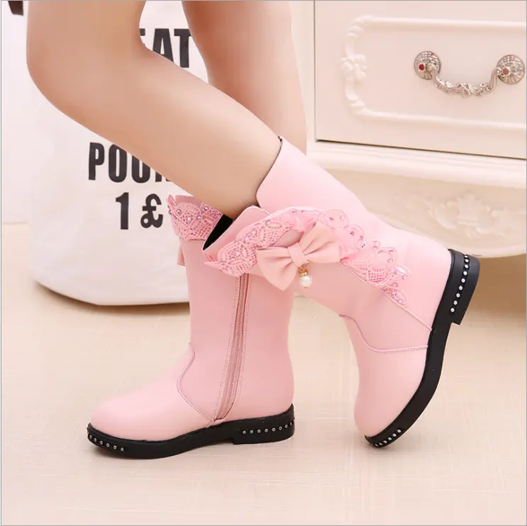 S002 Factory price kids bow-knot boots girls winter bridesmaid warm knee leather birthday party boots