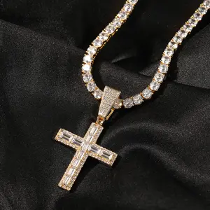 Модные ювелирные изделия, христианские благословения, Токен, золото, сверкающий бриллиант, багета и круглый крест, Очаровательное ожерелье с подвеской