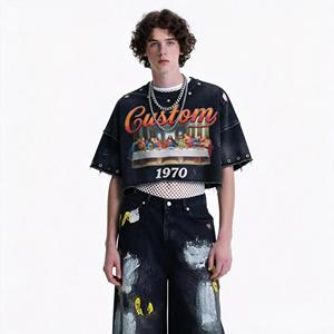 Camiseta de hombre 2026 nueva con estampado de diamantes de imitación, cuello redondo, 100% algodón, estilo casual, corta, oversize, negra, lavado ácido, estilo hip hop, streetwear. - Product Image 2
