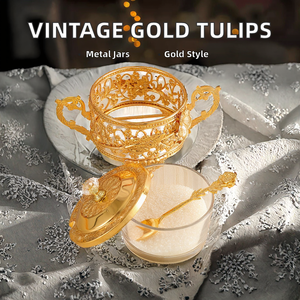 Direct Sales Manufacturer Europe Design Multifunction Vintage <strong>Gold</strong> Tulips Tea/Coffee Sugar Canister Set Elegant Metal Glass Jars - Product Image 2