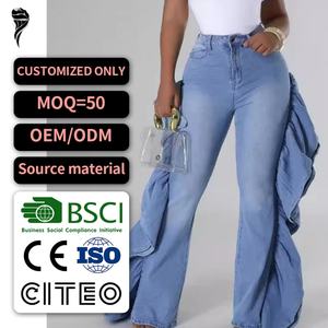 Jeans de Mujer Personalizados de Alta Calidad, Jeans Ajustados Casuales y Sexys, Tela Vaquera Elástica, Cintura Alta, con Volantes, Tallas Grandes, Estilo Flare - Product Image 1