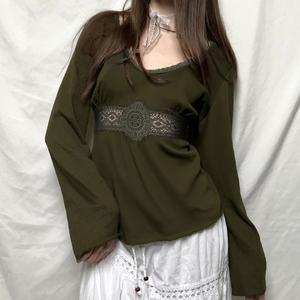T-shirt à manches longues en dentelle vintage Y2K pour femmes |   Haut décontracté amincissant à taille haute, couleur unie, col en V, écologique et respirant - Product Image 2