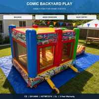 Structure gonflable avec toboggan, thème bande dessinée, écologique, garantie 3 ans, couleur et logo personnalisables, location pour fêtes d'enfants, usage commercial